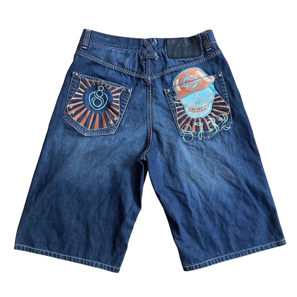 Eight 732 Jean Shorts Mens 36 Blue Skull Embroidered Denim Baggy Y2k Streetwear